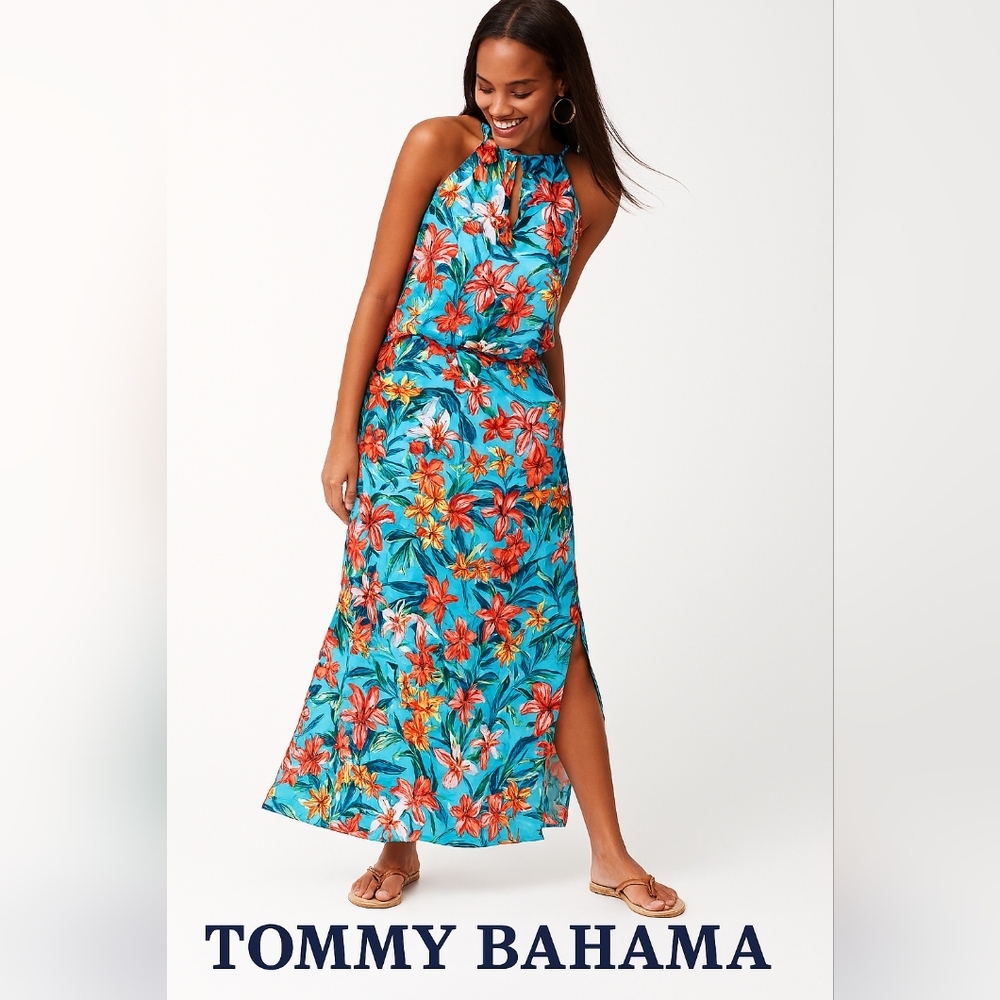 TOMMY BAHAMA floral Cottagecore Vacation blue green long maxi‎ Dress